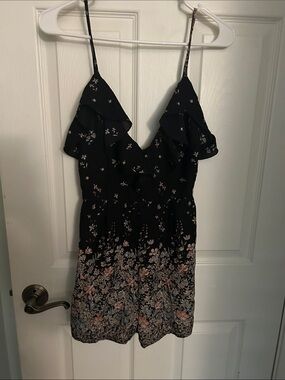 Floral Ruffle Mini Dress - Black with Pink Bloom